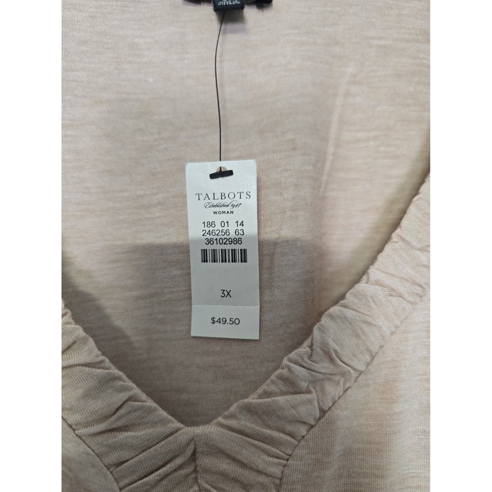 NWT Talbots Woman 3X Tan Beige Ruched Trim V-Neck Long Sleeve Slub Top - Picture 3 of 7